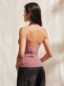 Easelle Red Striped Sleeveless Casual Halter Top Summer Valentine's Day Beach Vacation Hanging Neck Backless Elastic Top - Red and White - View 2