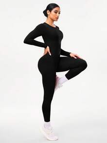 Seamluxe SHEIN Sport Women's Letter Print Open Back Tight Yoga Jumpsuit - Black - View 5