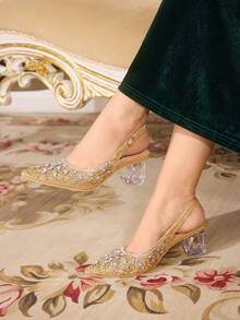 CUCCOO TILAWA Zapatos de tacón con punta afilada y cristales elegantes y de moda para fiestas - Dorado - Ver 1