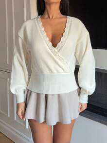 Ronhire Soft Rib Crochet Knit Crossover Detail Cinched Long Sleeve Top Only Fall Autumn Cosy Cute Casual Coffee Club Winter Christmas Elegant Evening Party - Cream - View 3