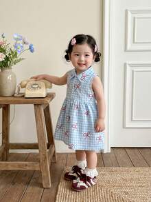 SHEIN Vintaside Kids 女婴可爱彩色格子无袖polo领连衣裙，适合夏季购物和户外玩耍 - 藍色 - 查看 10