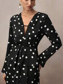 NOVVYNE Women's Polka Dot Print Patchwork Ruffle Trim Elegant V-Neck Vintage Waist Midi Dress