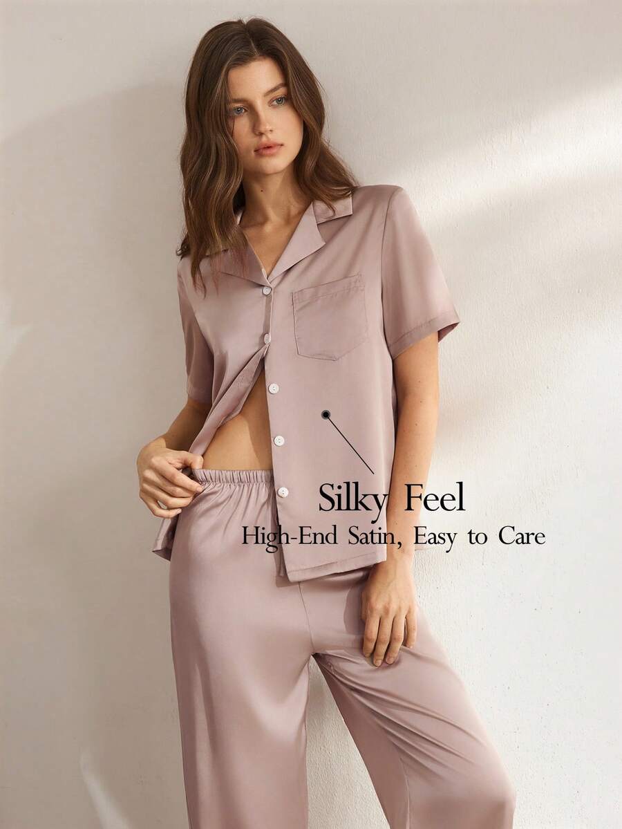 Ocili Bộ đồ ngủ vải satin mềm mại, co giãn, có ve áo dành cho nữ - Màu Khaki - Xem 1