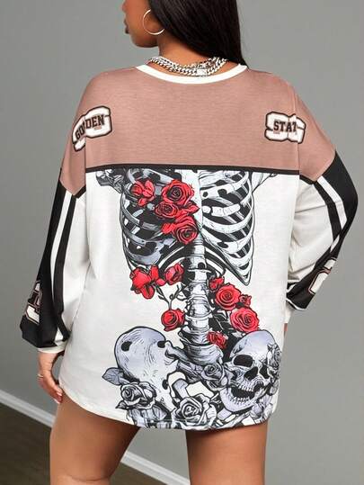 Slaydiva 2025 Autumn/Winter New Halloween, Christmas, New Year, Thanksgiving Birthday Women's Apparel, Women's Winter Casual Street Letter Graphic Crew Neck Long Sleeve Contrast Color Sweatshirt With Rose Skull Colorful Graffiti Street Letter Print Fashion Plus Size Sweatshirt - Khaki Long Sleeve Top Women Long Sleeve Skeleton Print Top Rose Print Top Overzise Top Skeleton Shirt Skull Shirt Graphic Tees Women Oversized Punk Tops Ahs Style Clothes