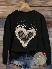 EMERY ROSE 大码女式爱心印花圆领长袖情人节T恤 - 黑色 - 查看 1