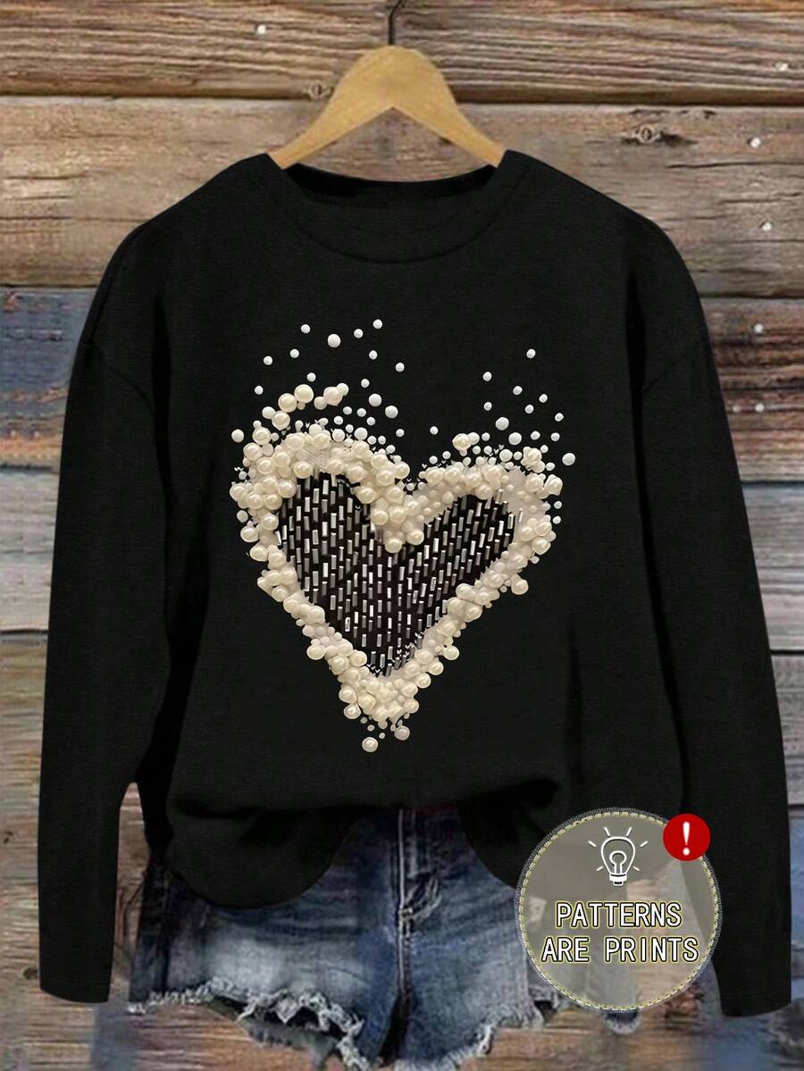 EMERY ROSE 大码女式爱心印花圆领长袖情人节T恤 - 黑色 - 查看 1