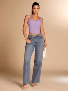 SHEIN BAE 酒红色蕾丝拼接钢圈文胸 - 淡紫色 - 查看 3