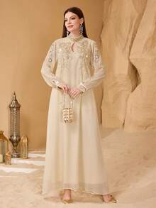 SHEIN Najma Elegant Lace Trim Beaded Decor Women's Arabic Style Dress Kaftan Jalabiya Dress - Apricot - View 4