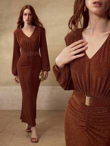 MOTF PREMIUM V-NECK GATHERED WAIST CINCHED MERMAID HEM DRESS - Orange - View 7