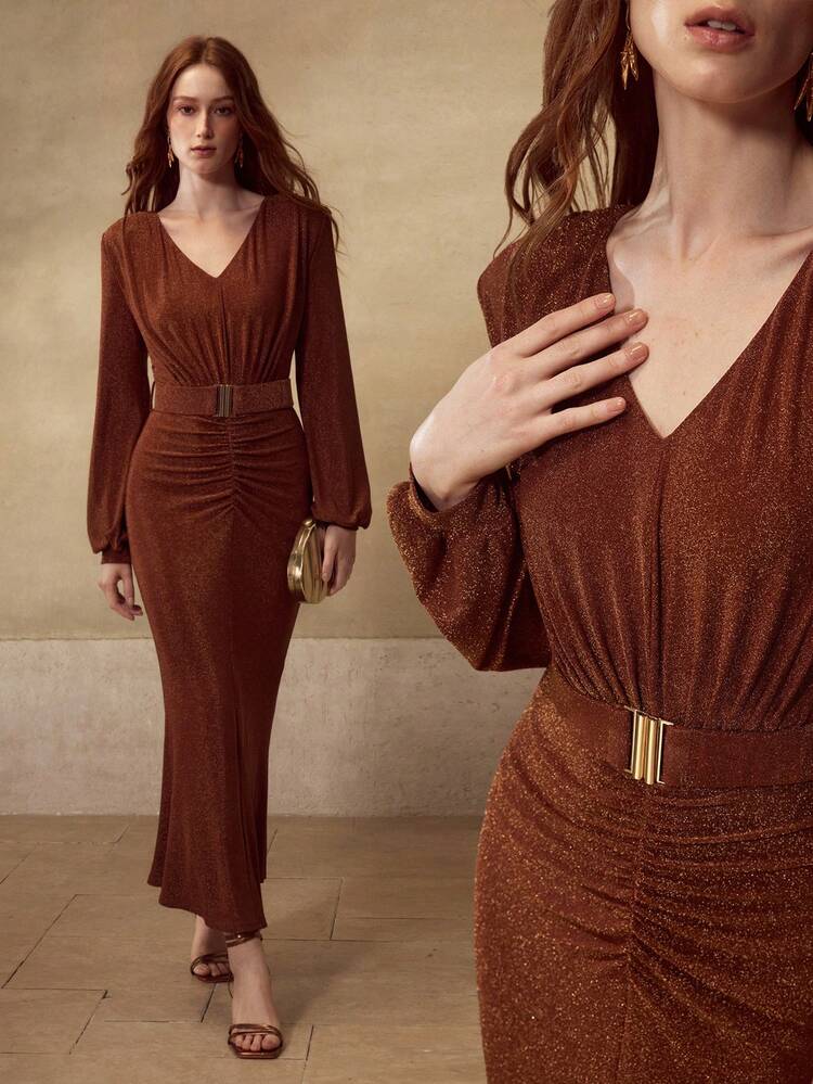 V-NECK GATHERED WAIST CINCHED MERMAID HEM DRESS