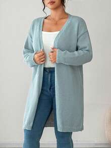 EMERY ROSE 女式休闲宽松长袖开衫，大码秋冬外套上衣 - 藍色 - 查看 3