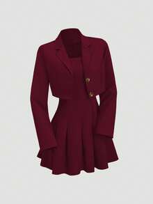 Sweetra 女士纯色法式复古英伦风无肩带褶皱连衣裙及休闲修身西装外套套装，初秋 - 酒紅色 - 查看 7