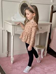 Elladie kids 2pcs/Set Young Girl Heart Print Long Sleeve Top With Ruffle Trim And Leggings, Spring Autumn - Khaki - View 4