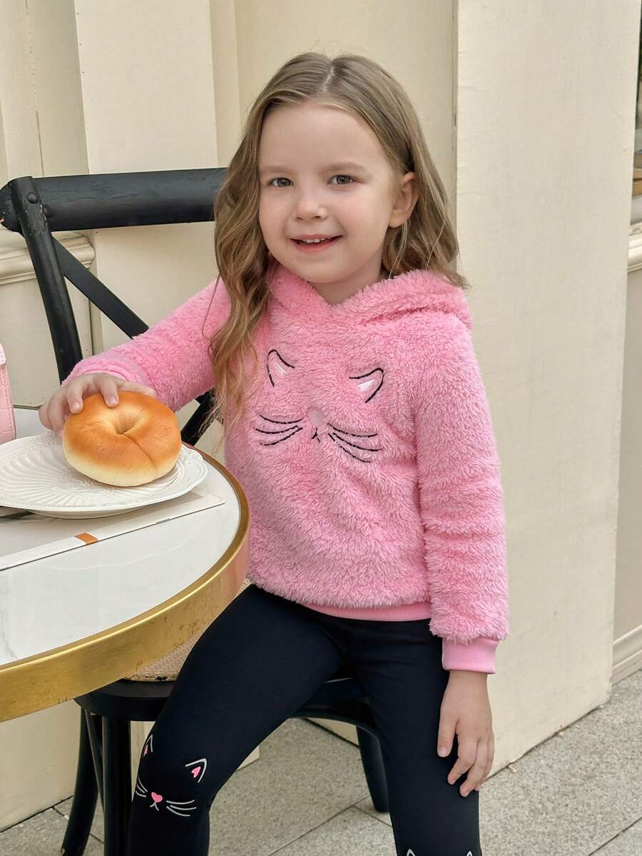 SHEIN Elladie kids Young Girl Cartoon Embroidery Teddy Hoodie & Leggings - Multicolor - View 1