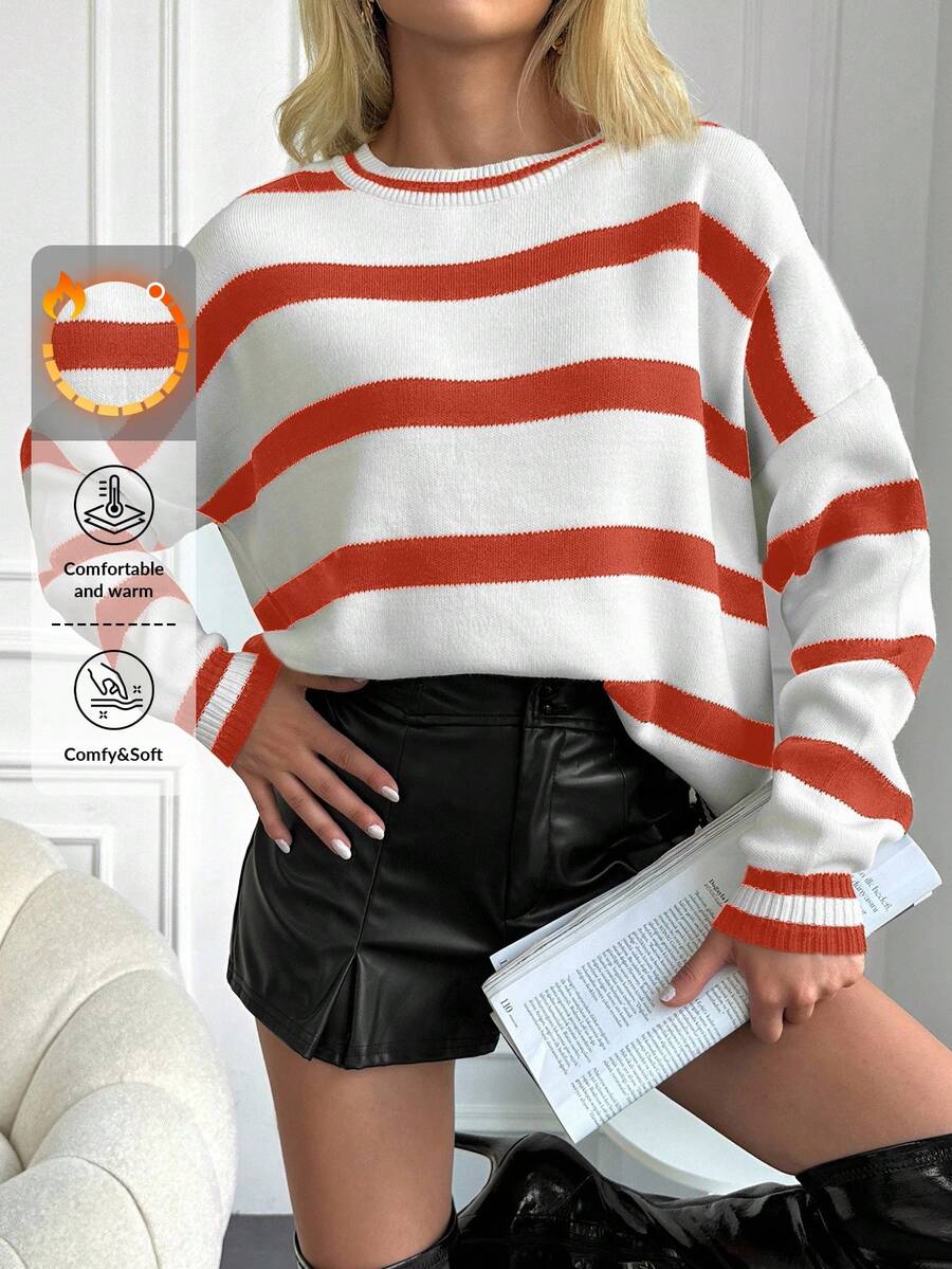 SHEIN Cottnline 休闲日常装条纹圆领落肩宽松针织毛衣,秋冬 - 橘色 - 查看 1