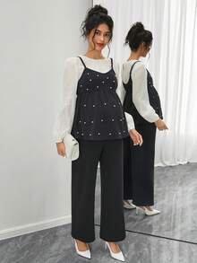 SHEIN Maternity Round Neck 2 In 1 Beaded Decor Long Sleeve Top And Wide Leg Pants Casual Outfit - Black - View 4
