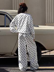 SHEIN EZwear 两件套女士波点宽松V领上衣和裤子套装 - 黑與白 - 查看 2