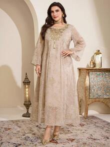 Al Najma 大码女式褶皱花卉流苏设计优雅休闲派对假日喇叭袖连衣裙 - 米色 - 查看 4