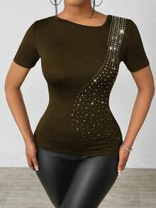 Chiquease Áo thun nữ cổ tròn tay ngắn đính đá Rhinestone (Thiết kế đính đá Rhinestone) - Cà phê nâu - Xem 7