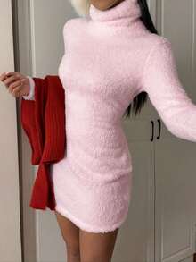 SHEIN EZwear Women's Casual Pink Fuzzy Turtleneck Bodycon Mini Dress, Autumn/Winter Pink Bodycon Dress Pink Sweater Dress Pink Fluffy Dress Fluffy Dress Women Pink Long Sleeve Dress - Pink - View 1