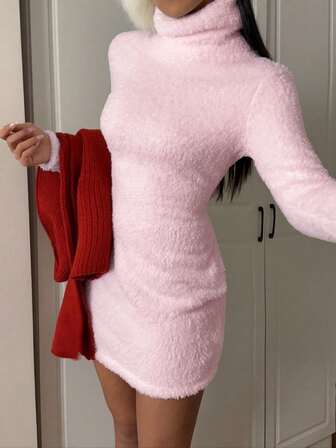 SHEIN EZwear Women's Casual Pink Fuzzy Turtleneck Bodycon Mini Dress, Autumn/Winter Pink Bodycon Dress Pink Sweater Dress Pink Fluffy Dress Fluffy Dress Women Pink Long Sleeve Dress