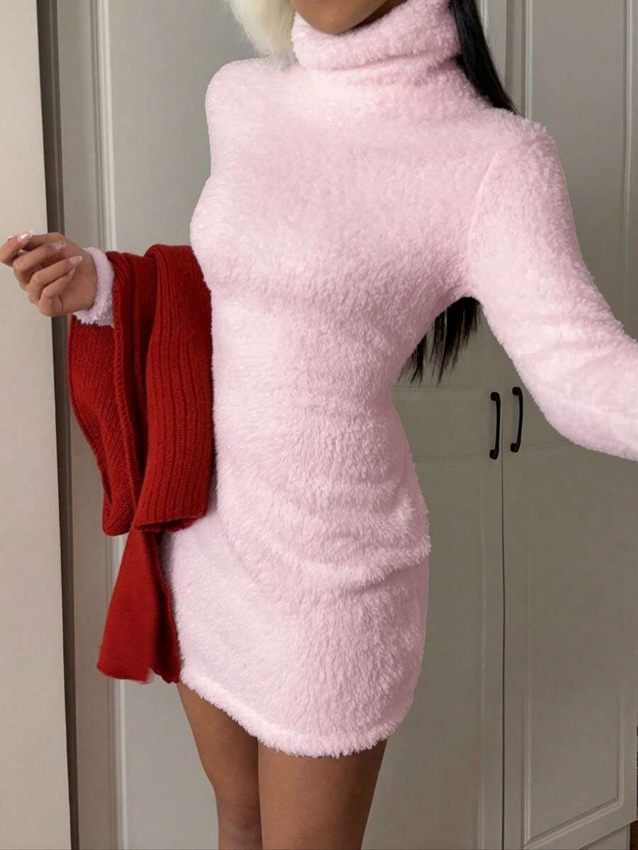 SHEIN EZwear Women's Casual Pink Fuzzy Turtleneck Bodycon Mini Dress, Autumn/Winter Pink Bodycon Dress Pink Sweater Dress Pink Fluffy Dress Fluffy Dress Women Pink Long Sleeve Dress - Pink - View 1