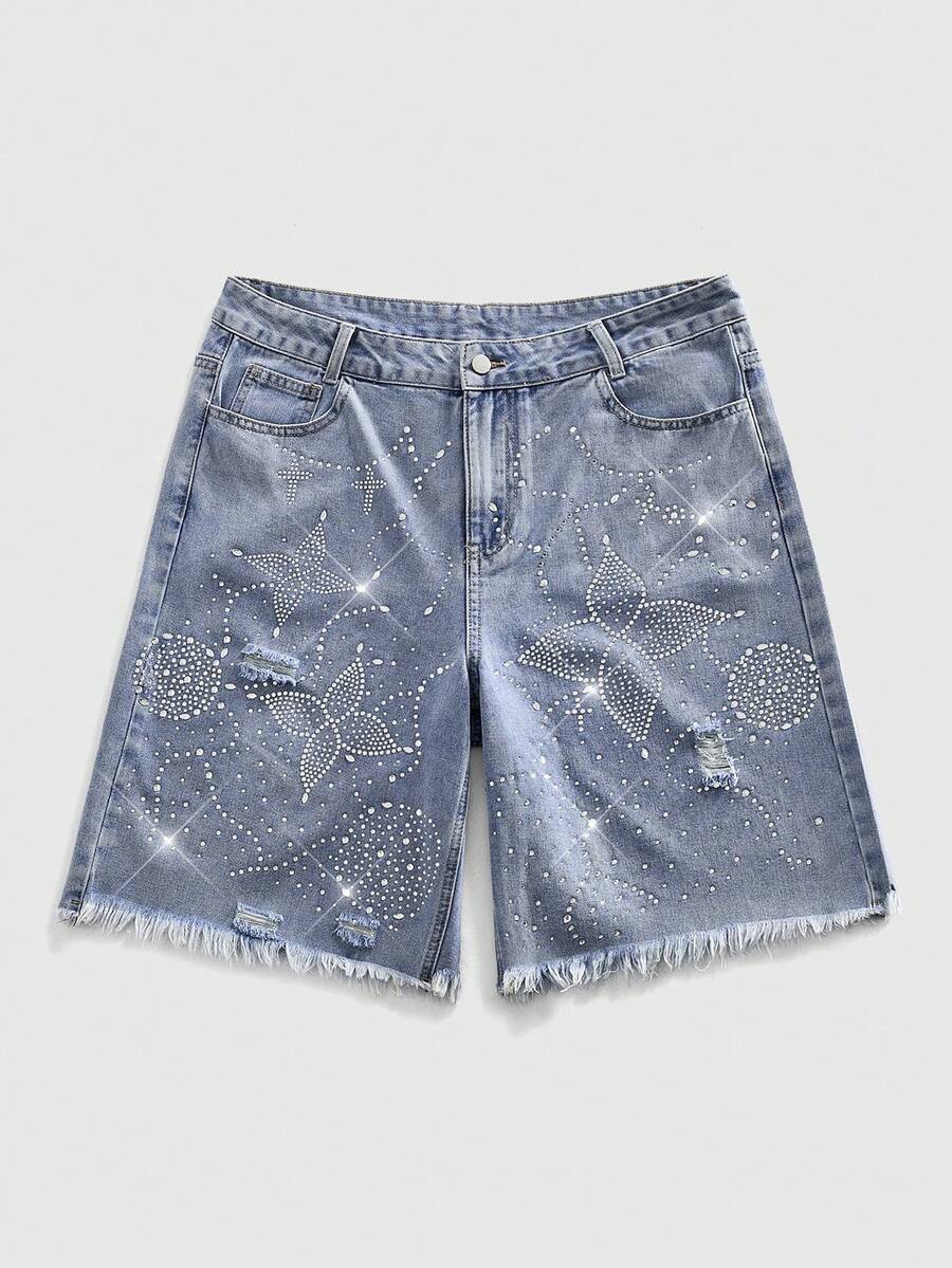 ROMWE MEN Men's Loose Fit Rhinestone Embellished Denim Shorts Spring/Summer - Blue - View 1