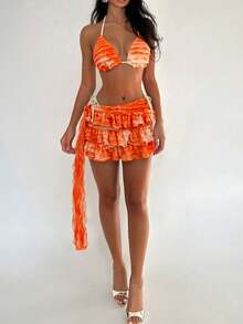 Swim Glamine 女士扎染荷叶边露背性感比基尼三件套，沙滩度假 - 彩色 - 查看 6