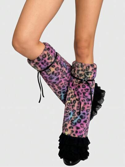 Goth 1 par de calentadores de piernas con estampado de leopardo, estrella, encaje y diseño mullido de estilo punk Y2K, diseño minimalista y salvaje de moda para mujer, adecuado para uso diario, fiesta, citas, compras, etc.