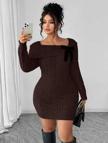 SHEIN Elenzya Women's Solid Color Off Shoulder Twist Knit Sweater Dress - Coffee Brown - View 3