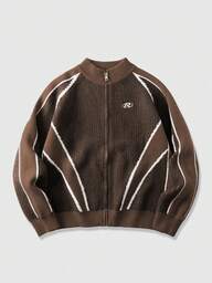 Men's Letter Jacquard Contrast Color Zip-Up Casual Knit Cardigan, Autumn/Winter