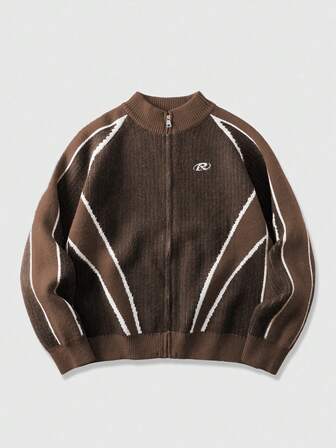 Men's Letter Jacquard Contrast Color Zip-Up Casual Knit Cardigan, Autumn/Winter