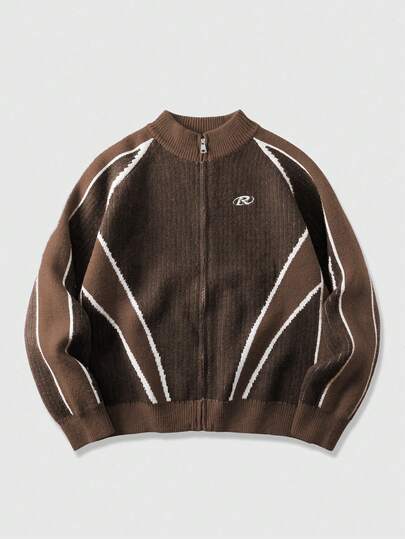 Men's Letter Jacquard Contrast Color Zip-Up Casual Knit Cardigan, Autumn/Winter