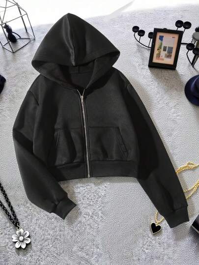 Solid Zip Up Drop Shoulder Thermal Lined Crop Hoodie,Long Sleeve Tops Graduation,Back To School Outfits,Graduation,Teacher Outfits For Women,Back To School Pullover Fall Outfit
