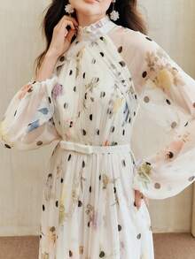 Anewsta Đầm maxi chấm bi hoa văn chấm bi, cổ chữ V, xếp ly, thắt eo, phong cách Pháp lãng mạn, thanh lịch, thích hợp cho kỳ nghỉ lễ, tiệc tùng hoặc các dịp đặc biệt. - Màu be - Xem 2