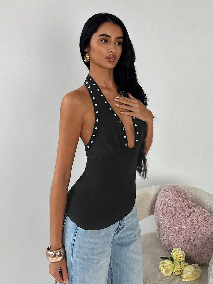 SHEIN TRNDY Women's Retro Sexy Low-Cut Studded Fitted Camisole - Black - View 1