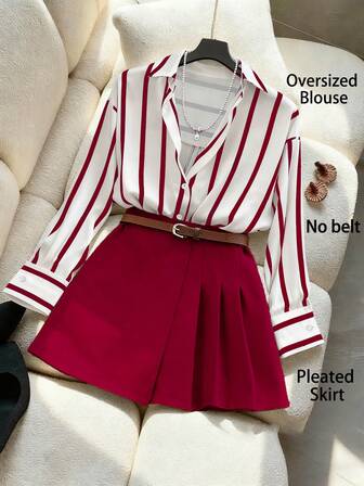 GlowEve Striped Shirt & Asymmetric Pleated Skirt Pants, Elegant 2-Piece Set For Women