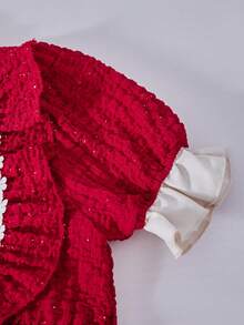 Elladie kids Girls'Elegant Red Summer Satin Lace Trim Yoke Dress,Soft & Comfortable Short Sleeve Party Dress For Birthdays,Christmas,Casual & Various Occasions - Red - View 7