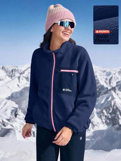 In My Nature Classic Women's Navy Blue Knitted Fleece Jacket With Zipper And Stand Collar