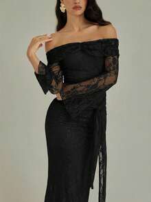 Modelyn 女士露肩长袖褶皱侧系带蕾丝优雅连衣裙 - 黑色 - 查看 5