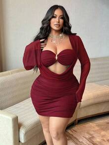 NU&NOW Plus Size Women's Bodycon Dress, Sexy Sheer Mesh Bell Sleeve Metal Buckle Party Dress, Suitable For Autumn/Winter/Summer - Burgundy - View 3