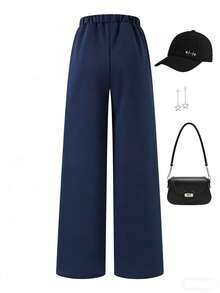 SHEIN 1 pieza Pantalón de pierna recta de unicolor para niña preadolescente, suave y cómodo, diseño simple fácil de combinar, adecuado para la escuela, actividades al aire libre y otoño/invierno - azul real - Ver 2