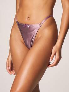 MISSGUIDED Mauve Satin Finish Thong With Bow Detail Contrast Stitching Minimal Coverage Intimate Underwear - Dusty Purple - View 1