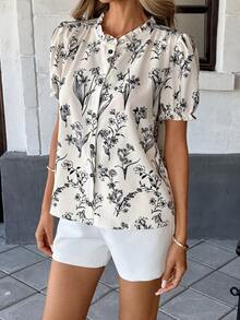 Pariaura Floral Puff Sleeve Button-Up Shirt With Frill Trim - Apricot - View 7