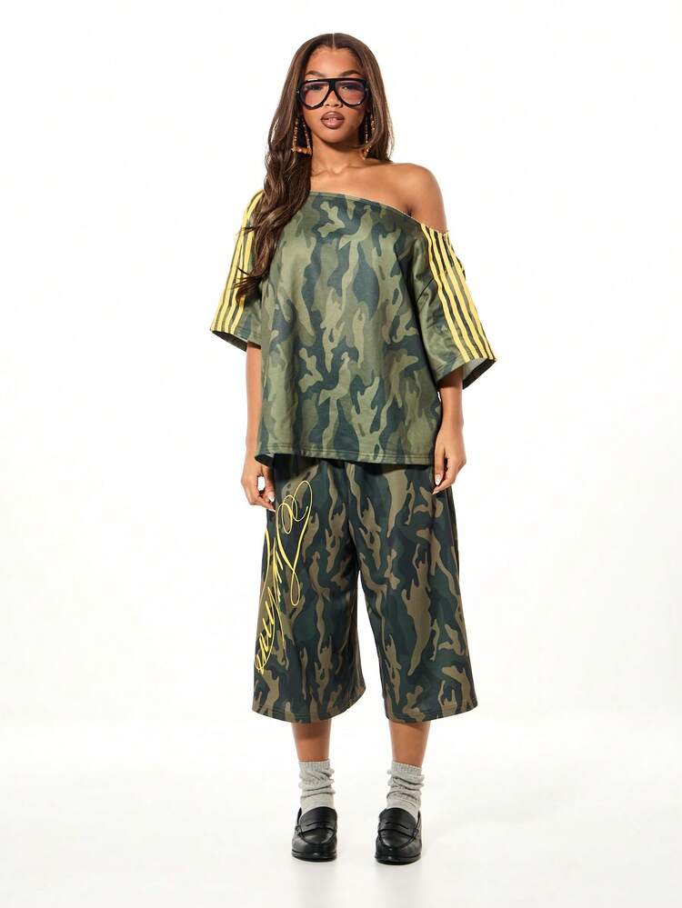 SUMWON WOMEN Camo Off Shoulder Top With Striped Sleeves