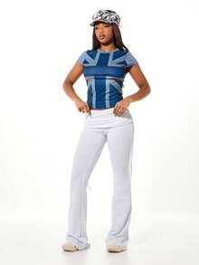 SUMWON WOMEN 舒适翻折腰带运动裤休闲家居裤宽松阔腿裤日常穿着 - 灰色 - 查看 3