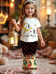 SHEIN 2pcs/Set Young Girl Cartoon Casual Round Neck Short Sleeve Top And Flare Pants - Multicolor - View 2