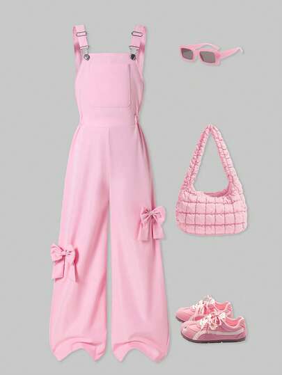 SHEIN ChillGRL Peto holgado informal para niñas, color rosa, con decoración de mariposa en unicolor, dulce y fresco para uso diario, adecuado para la escuela y salidas casuales, primavera y verano