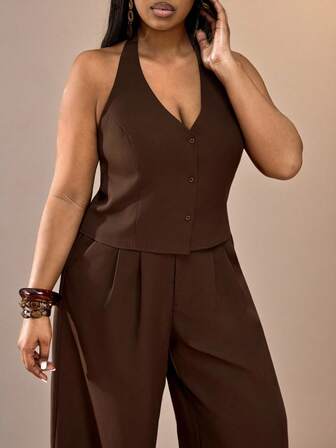 Truni 大码女式无袖上衣和宽松裤套装，适合性感通勤穿着，大码女式阔腿连体裤，棕色连体裤，适合梨形三角身材/2026/新年