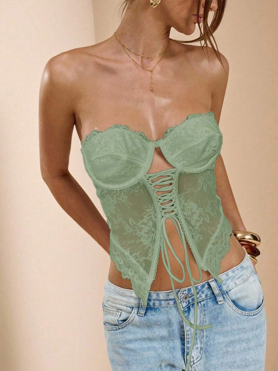 SHEIN BAE 女士系带露肩性感抹胸上衣 - 薄荷綠 - 查看 1